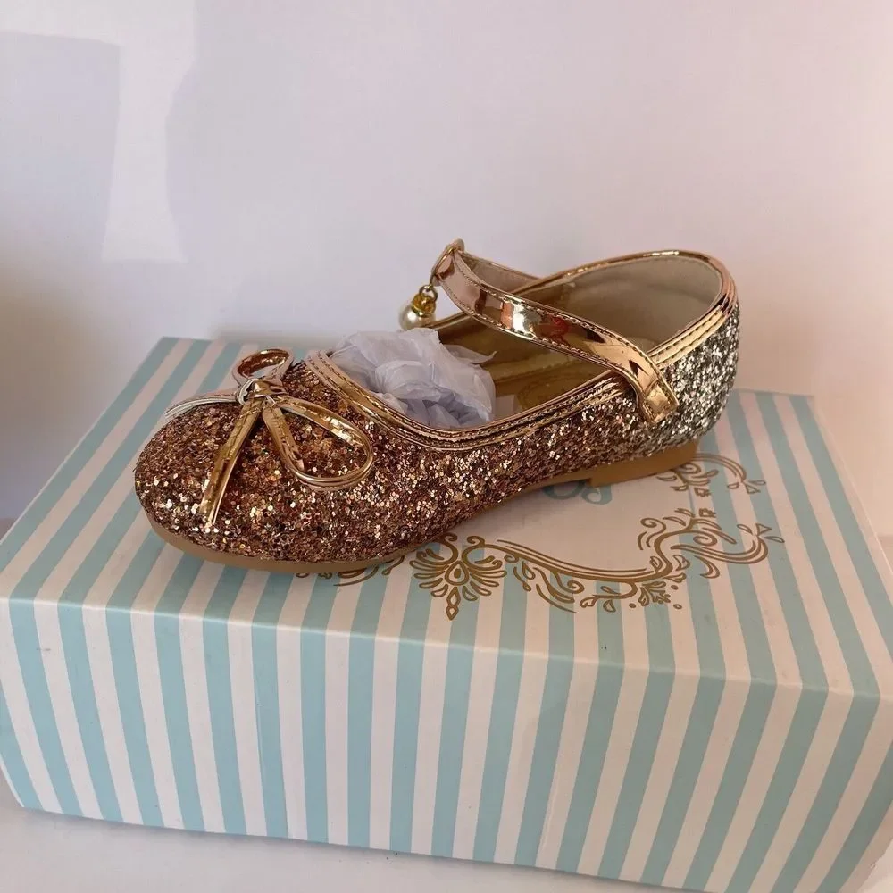 Girls Kids Flat Dress Shoes Size 9 Golden Shiny Princess Wedding Party Beaded